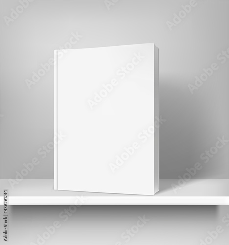 White book on white shelf vector mockup