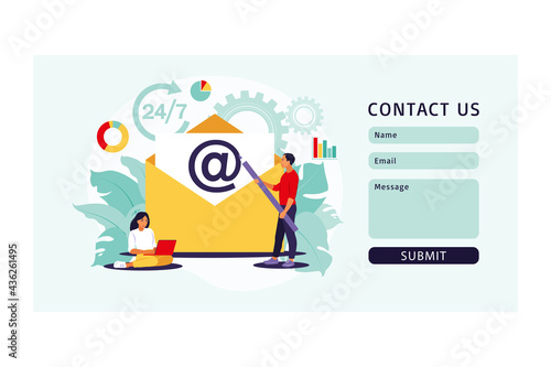 Email marketing, internet chatting, 24 hours support concept. Cotact us form. Vector illustration. Flat.