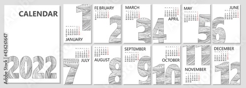 Calendar or planner 2022 trendy hand drawn abstract zentangle numerals. Cover and monthly pages starts Monday