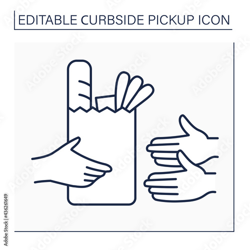 Curbside pickup line icon.Obtaining products from grocery from hand to hand.Hand Carry orders from supermarkets. Courier delivery concept. Isolated vector illustration. Editable stroke