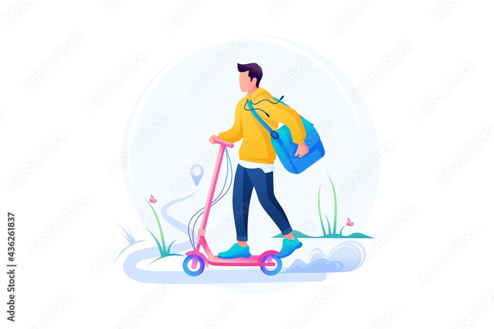 Young Courier On An Electric Scooter, Fast Food Delivery To the Office And Home. Flat 2D Web Design