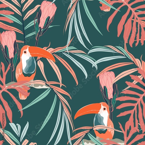 Exotic jungle plants illustration pattern with toucan bird. Abstract  floral seamless pattern. Fashionable template for design. Dark green background.