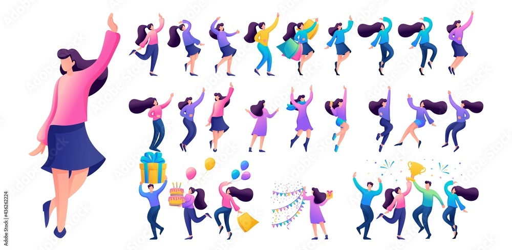 Set of a fun teen girl. Presentation in various in various poses and actions. 2D Flat character vector illustration N14 Set of a fun teen girl. Presentation in various in various poses and actions. 2D Flat character vector illustration N14