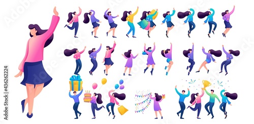 Set of a fun teen girl. Presentation in various in various poses and actions. 2D Flat character vector illustration N14