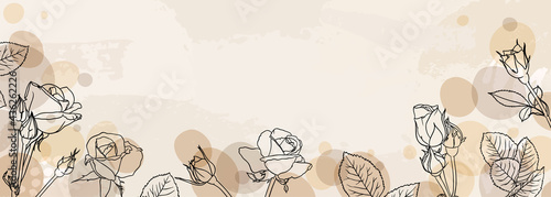 banner background of creative minimalist hand draw illustrations floral outline rose pastel biege simple circle shape for wall decoration, postcard or brochure cover design, banner beauty web cite