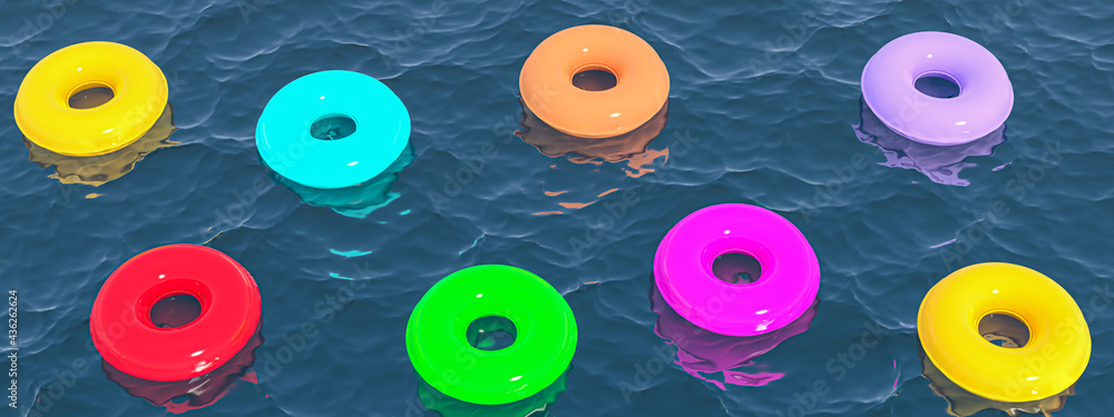 Fototapeta premium Hello summer, cute colored swimming ring, float on ocean, 3D illustration.
