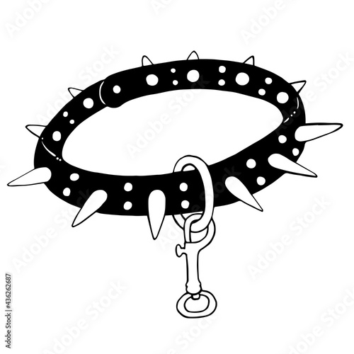 BDSM hand drawn collar with spikes. Black and white illustration. Isolated on white background