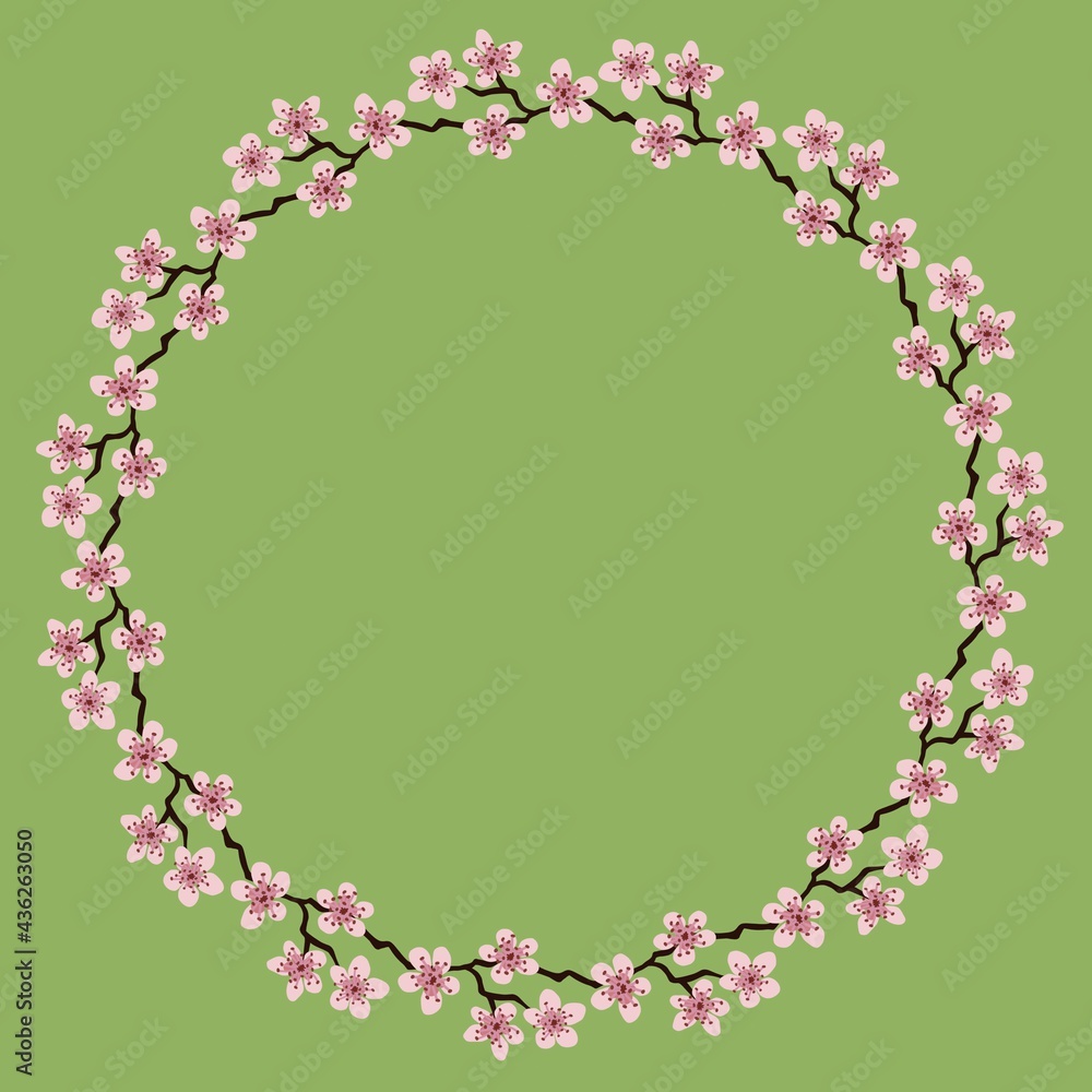 Obraz premium Colorful flowers wreath.Delicate wreath of sakura branches.Flowers blossom hand drawn,circle frame of pink colors flowers on olive.Copyspace.Design for invitation, wedding invitation or greeting cards