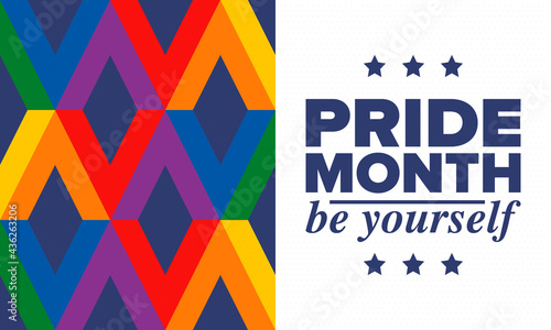 LGBTQIA Pride Month in June. Lesbian Gay Bisexual Transgender. Celebrated annual. LGBT flag. Rainbow love concept. Human rights and tolerance. Poster, card, banner and background. Vector illustration