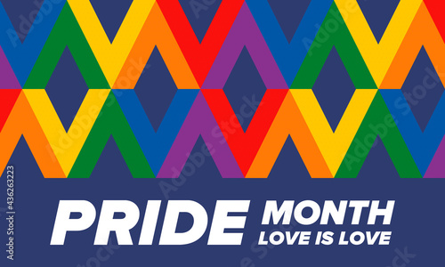 LGBTQIA Pride Month in June. Lesbian Gay Bisexual Transgender. Celebrated annual. LGBT flag. Rainbow love concept. Human rights and tolerance. Poster, card, banner and background. Vector illustration