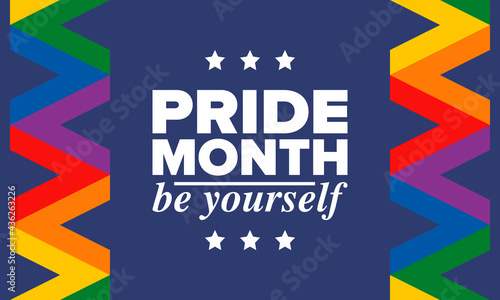 LGBTQIA Pride Month in June. Lesbian Gay Bisexual Transgender. Celebrated annual. LGBT flag. Rainbow love concept. Human rights and tolerance. Poster, card, banner and background. Vector illustration