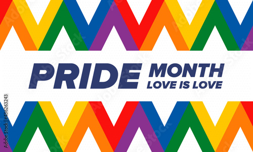 LGBTQIA Pride Month in June. Lesbian Gay Bisexual Transgender. Celebrated annual. LGBT flag. Rainbow love concept. Human rights and tolerance. Poster, card, banner and background. Vector illustration