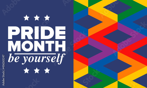 LGBTQIA Pride Month in June. Lesbian Gay Bisexual Transgender. Celebrated annual. LGBT flag. Rainbow love concept. Human rights and tolerance. Poster, card, banner and background. Vector illustration