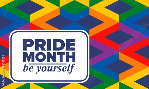 LGBTQIA Pride Month in June. Lesbian Gay Bisexual Transgender. Celebrated annual. LGBT flag. Rainbow love concept. Human rights and tolerance. Poster, card, banner and background. Vector illustration