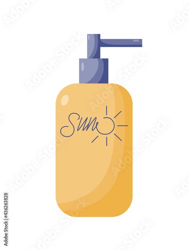 Sun is a protective cream, sunscreen lotion in a yellow bottle with a blue dispenser and sun inscription. Vector illustration in a flat style, an icon isolated on a white background.