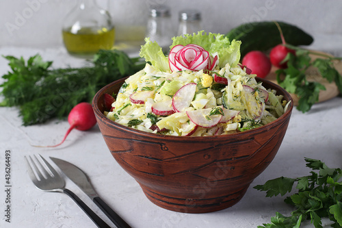 Salad with cabbage, cucumbers, radishes, parsley and egg, seasoned with olive oil in a brown bowl on gray background with fresh ingredients