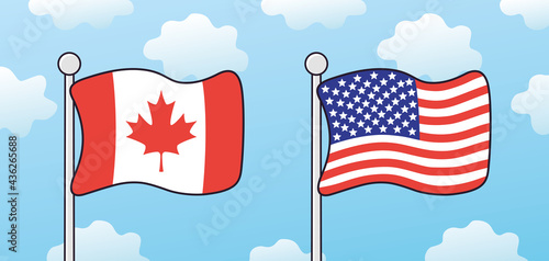 USA and Canada flags in sky, American Canadian friendship and cooperation.