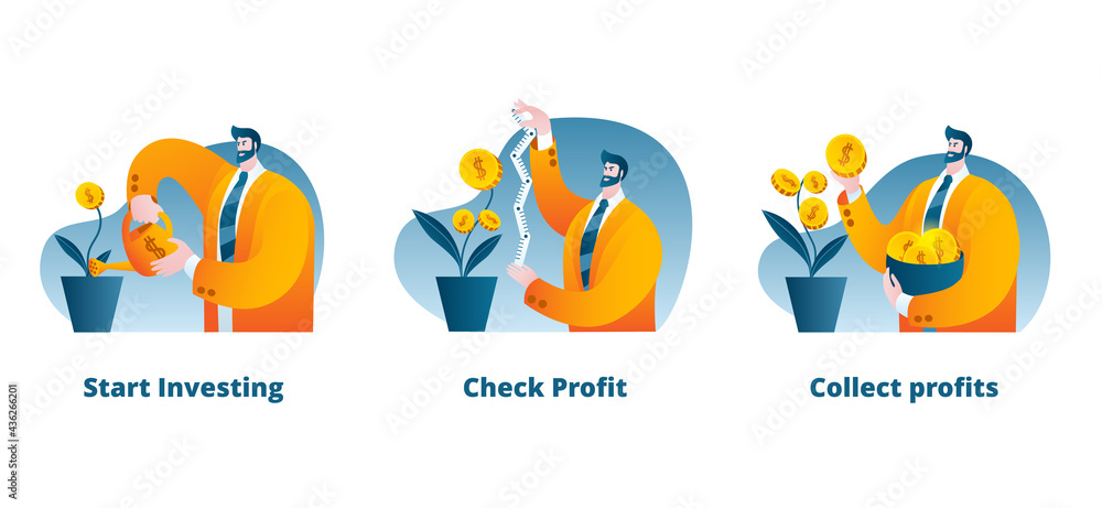 A set of images on the topic of investing. Vector illustration of a businessman.