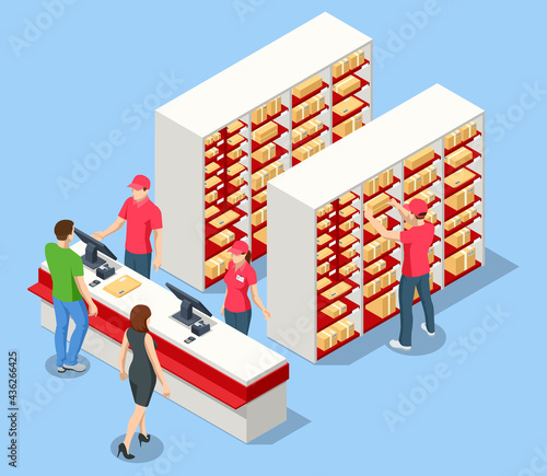 Isometric concept Post Office, mailbox. People working at the post office. Modern exterior and interior of post office.