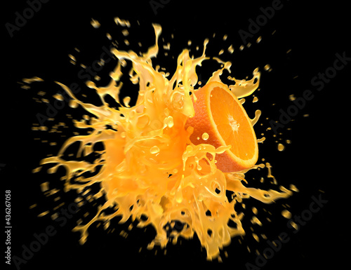 Explosion of orange juice. Splash of orange juice. Black background. Closeup splash. Artistic motion blur. 3d. 3D rendering