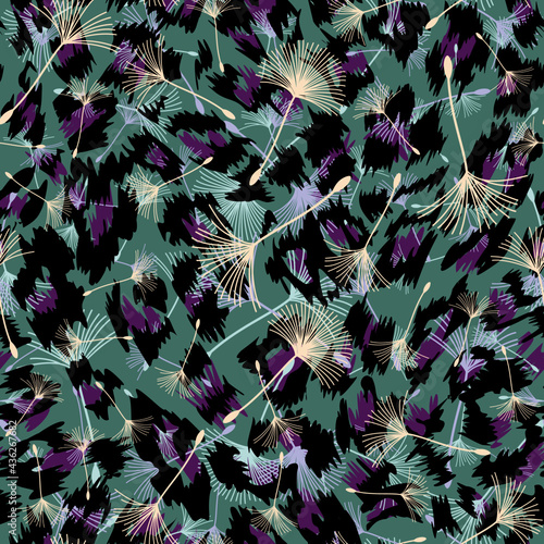 pattern seamless of various dandelion plants and animal print. Continuous design for the textile industry.