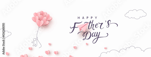 Father's day postcard with flying child and pink balloons on white background. Vector paper symbols of love in shape of hearts for greeting card design