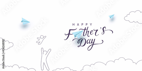 Father's day postcard with blue paper flying airplanes, playing dad and child on white sky background. Vector doodle happy family pattern for greeting card design