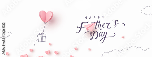 Father's day postcard with paper flying elements and gift box on white sky background. Vector symbols of love in shape of heart for greeting card design