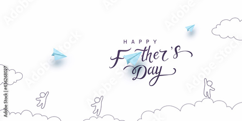 Father's day postcard with blue flying airplanes, playing children on white sky background. Vector happy kids and paper planes doodle pattern for greeting card design