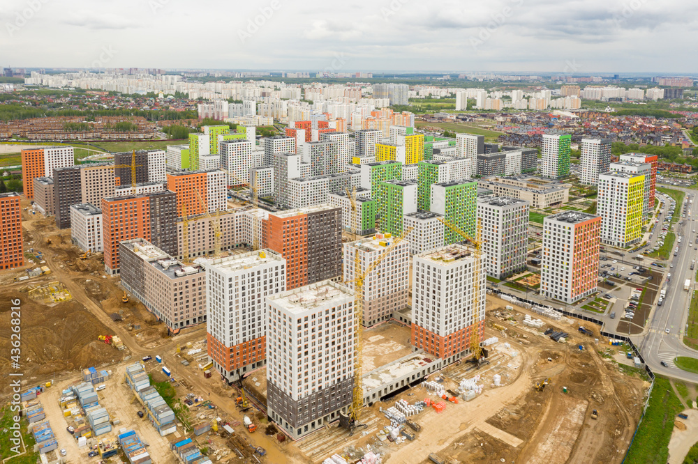 Moscow. Russia. May 2020. New residential complex in New Moscow. Construction of new neighborhoods and new homes. Photo from a quadrocopter.