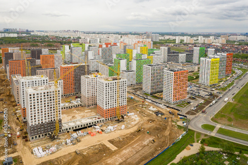Moscow. Russia. May 2020. New residential complex in New Moscow. Construction of new neighborhoods and new homes. Photo from a quadrocopter.