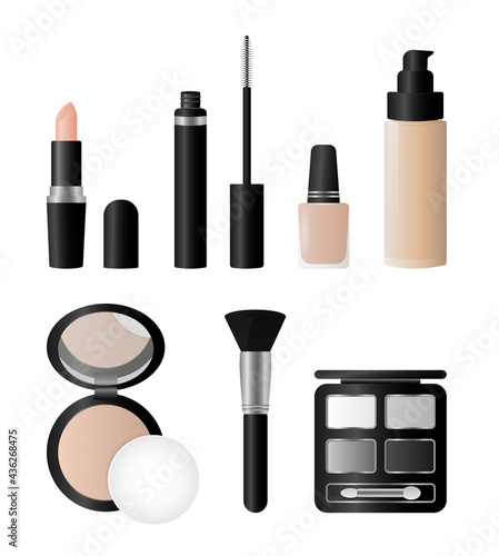 Set of cosmetics: lipstick, mascara, foundation, compact powder, eye shadow, powder brush. Vector illustration