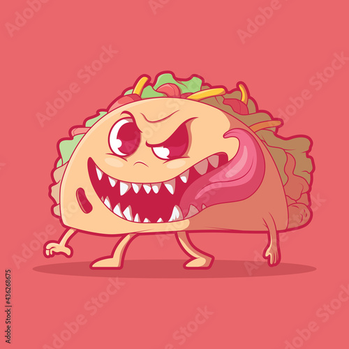 Cute Taco Monster vector illustration. Food, funny, mascot design concept.
