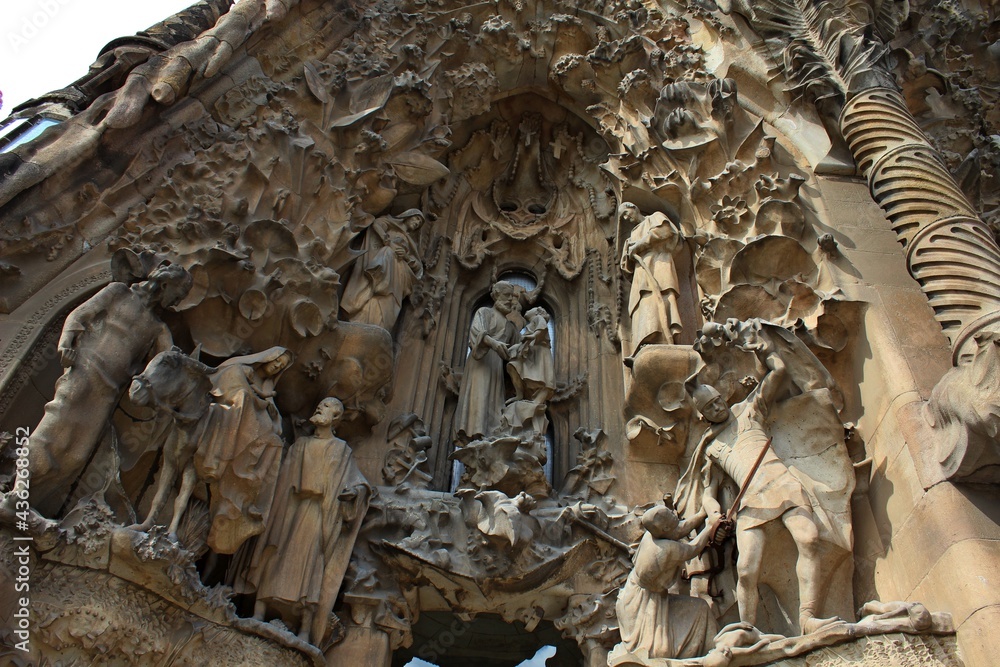 Carved statues on the exterior façade of Sagrada Familia cathedral in Barcelona in Spain Carved statues on the exterior façade of Sagrada Familia cathedral in Barcelona in Spain
