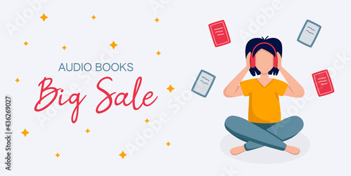 audio books big sale template with girl.