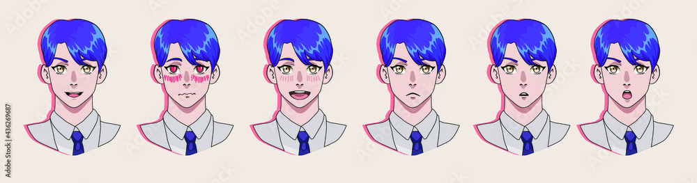 Anime avatar maker with set of different emotions. Cartoon male character template for animation or game design. Anime avatar maker with set of different emotions. Cartoon male character template for animation or game design.