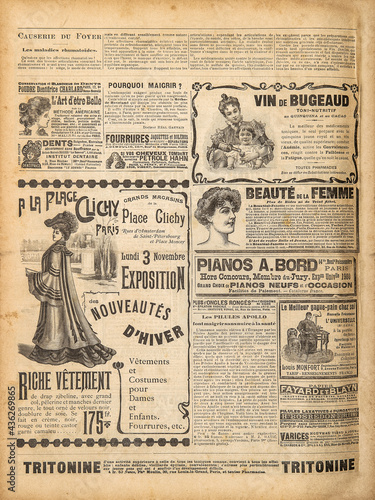 Used paper background. Old newspaper page vintage advertising