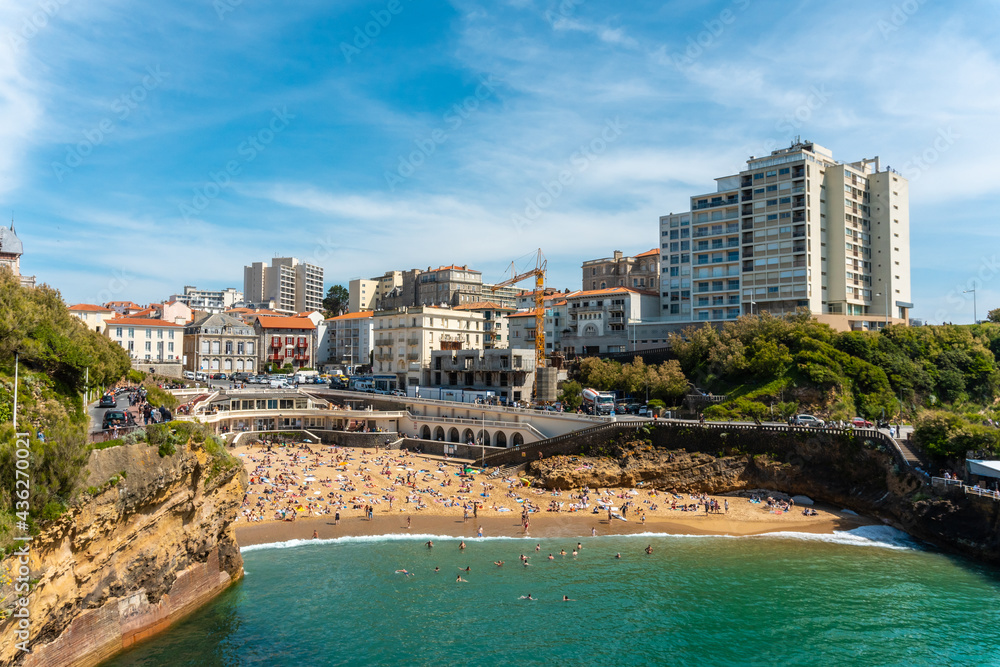 Plage du Port Vieux in Biarritz, summer holidays in the southeast of France. Municipality of Biarritz, department of Pyrenees-Atlantiques