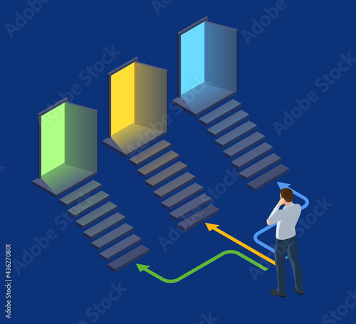 Isometric man is standing in front of three doors and having a choice. Symbol of choice, career path or opportunities. Business decision