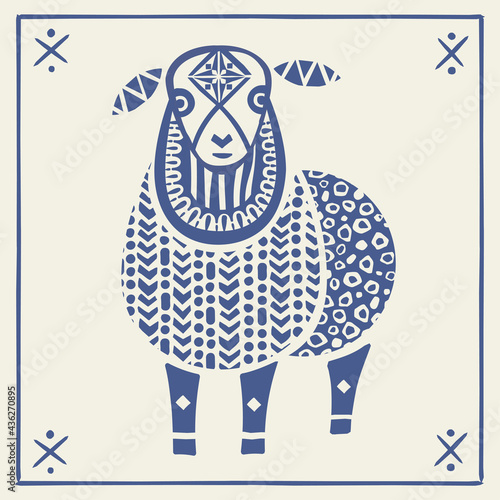 Vector modern folk sheep illustration in scandinavian hygge stile with ethnic ornaments. Perfect print for cozy home decor.