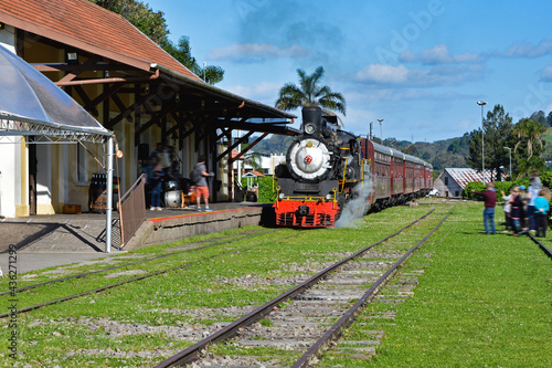 Steam locomotive, known as the Maria Fumaça arriving at the Garibaldi city's train station, southern Brazil.