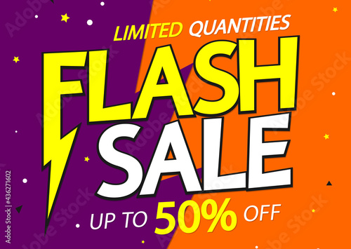 Flash Sale 50% off, poster design template, great offer banner, vector illustration