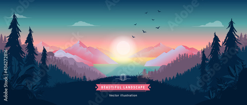 Vector sunrise and landscape background - View with mountains and sea in beautiful nature scenery. 