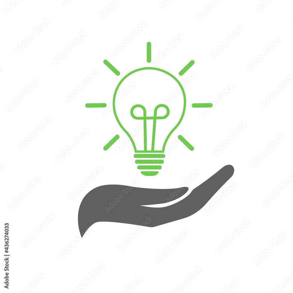 Hand holding green ecology light bulb. Eco lamp. Vector icon illustration isolated on white Hand holding green ecology light bulb. Eco lamp. Vector icon illustration isolated on white