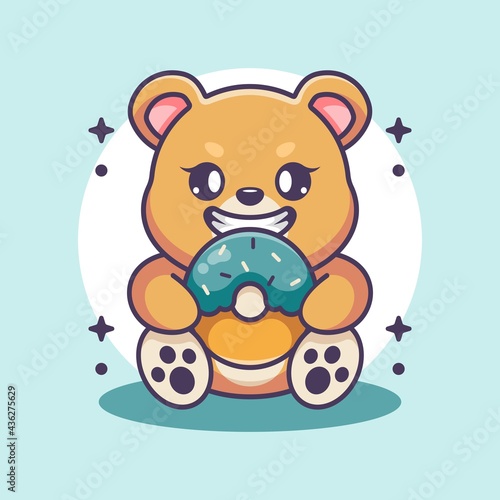 Cute bear eating doughnut cartoon