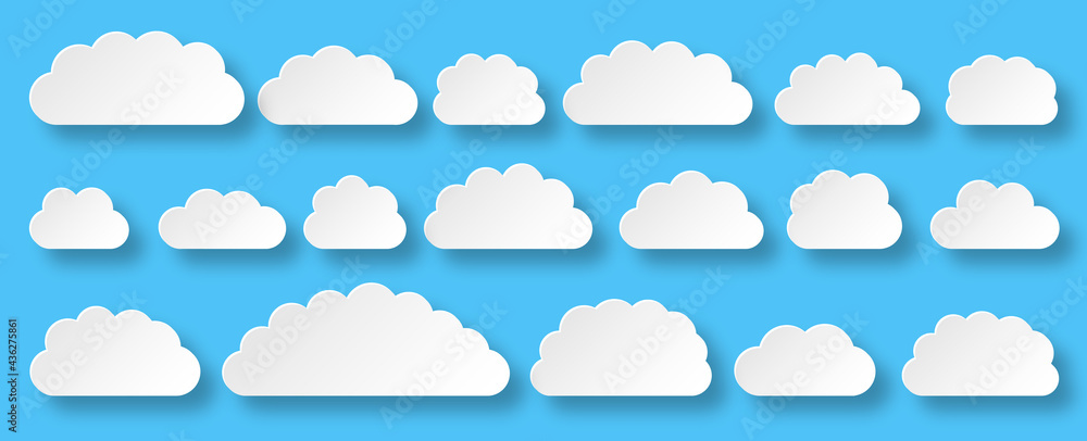 White paper cut vector cloud set. Clouds cartoon symbols on blue background with shadow for web site design, logo, app. Bubble icon collection for infographic design. Label and stickers White paper cut vector cloud set. Clouds cartoon symbols on blue background with shadow for web site design, logo, app. Bubble icon collection for infographic design. Label and stickers