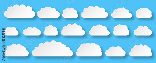 White paper cut vector cloud set. Clouds cartoon symbols on blue background with shadow for web site design, logo, app. Bubble icon collection for infographic design. Label and stickers