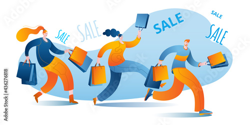 Characters coming with packages from stores. People shopping at the Mall.