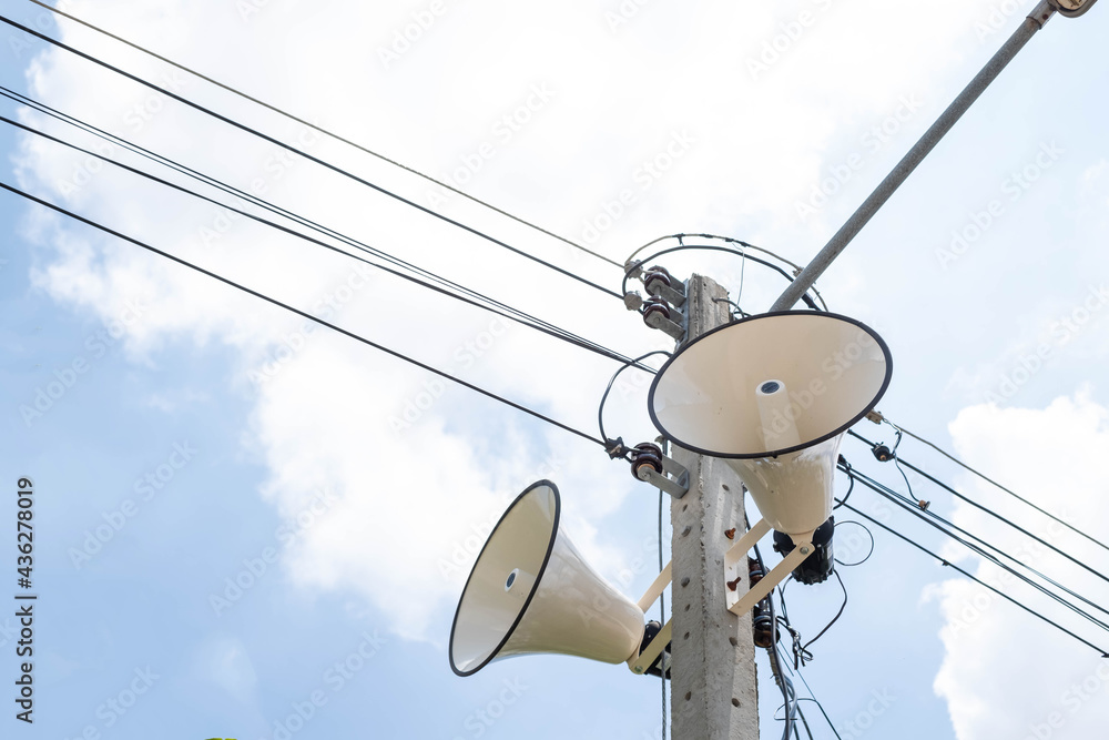 A radio station was installed on an electric pole in a rural village. For use in public relations news Let people know A radio station was installed on an electric pole in a rural village. For use in public relations news Let people know