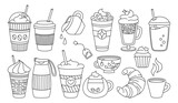 Coffee cup black line cartoon set. Trendy doodle flat various cups to go. Glass drinks foam, croissant. Hot chocolate, glass tea. Different disposable coffee cup icon collection. Vector illustration